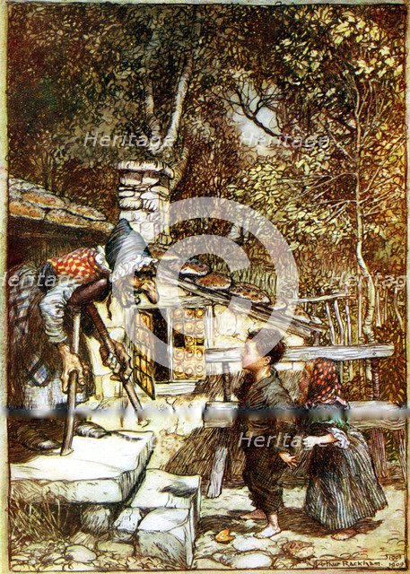 Hansel and Gretel and the Witch on the doorstep of her cottage. Artist: Arthur Rackham