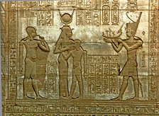 Reliefs with figures and writing in the Temple of Hathor.