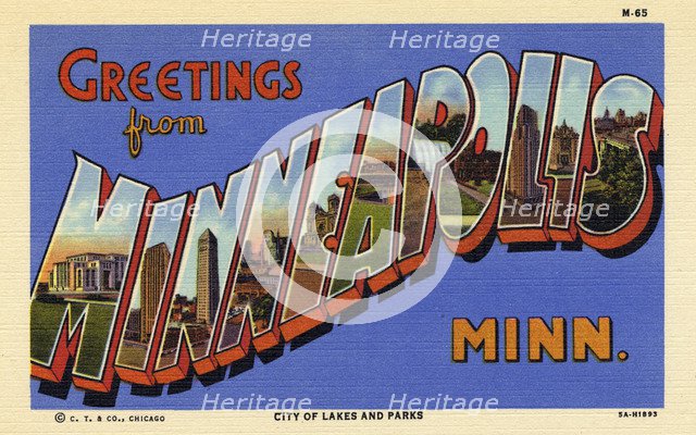 'Greetings from Minneapolis, Minnesota', postcard, 1935. Artist: Unknown