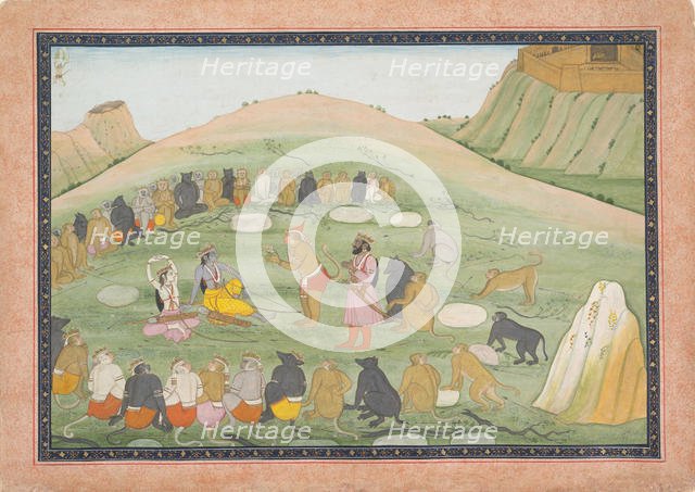 Hanuman Revives Rama and Lakshmana with Medicinal Herbs...,Ramayana series, ca. 1790. Creator: Workshop active in the First generation after Nainsukh (active ca. 1735-78).