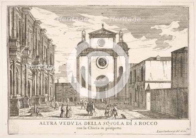 Plate 38: View of the facade of the church of St. Roch and at left the facade of the Schoo..., 1703. Creator: Luca Carlevarijs.