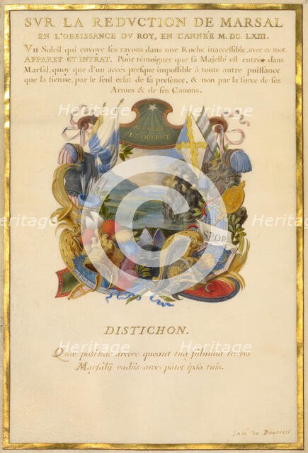 Escutcheon with a Landscape; Nine Emblems for Louis XIV, about 1663-1668. Creator: Jacques Bailly.