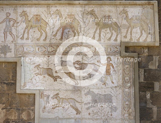 Mosaic with camel caravan and hunting (dogs chasing hare), Roman Theatre, Bosra, Syria, (2001).  Creator: LTL.