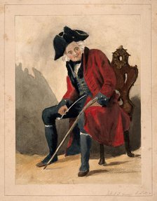 A Chelsea Pensioner, seated, wearing a red coat and tricorn hat, holding a pipe and a stick, 1750. Creator: Unknown.