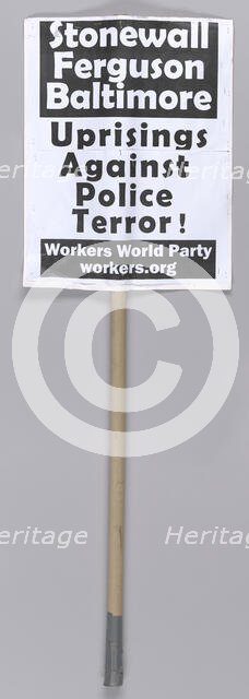 A sign protesting police terror used at Million Man March 20th Anniversary, 2015. Creator: Unknown.