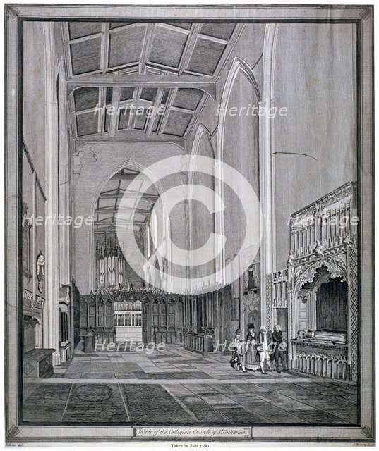 Interior of the Church of St Katherine by the Tower, Stepney, London, 1780. Artist: J Roberts