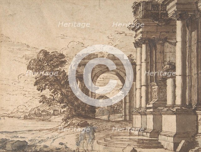 Landscape with Classical Architecture by a Lake, 17th century. Creator: Anon.