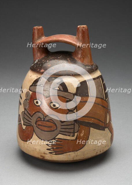 Double Spout Vessel Depicting Costumed Figure with Bird Attributes, Holding a Staff, 180 B.C./A.D. 5 Creator: Unknown.