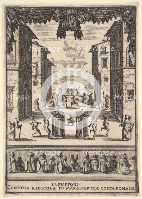 Frontispiece for the comedy 'The Buffoons' (Li Buffoni), a set on stage resembling a pu..., 1639-41. Creator: Stefano della Bella.