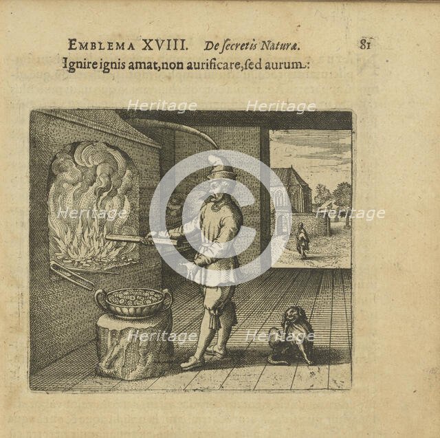 Emblem 18. Fire makes fiery, not gold, but gold. From "Atalanta fugiens" by Michael Maier, 1618. Creator: Merian, Matthäus, the Elder (1593-1650).