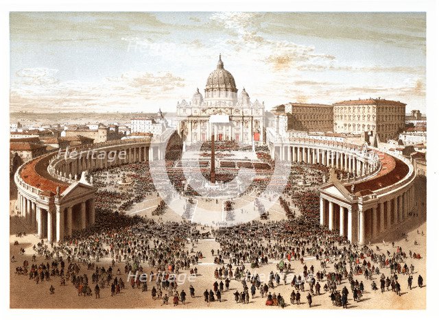 Pontifical ceremonies. Benediction urbi et orbi in Saint Peter's square. Color engraving from 1871.