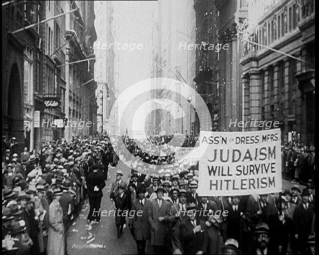 American anti-fascists Marching and Holding Signs, 1933. Creator: British Pathe Ltd.
