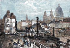 The railway works at Blackfriars and opening towards Ludgate Hill...from the temporary bridge, 1864. Creator: Mason Jackson.