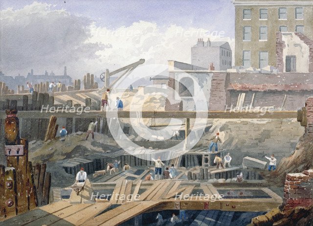 View of the foundations being dug for the first arch of London Bridge, 1825. Artist: Anon