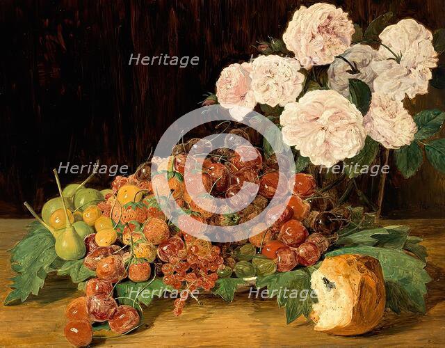 Still life with roses, strawberries and bread, 1827. Creator: Ferdinand Georg Waldmuller.