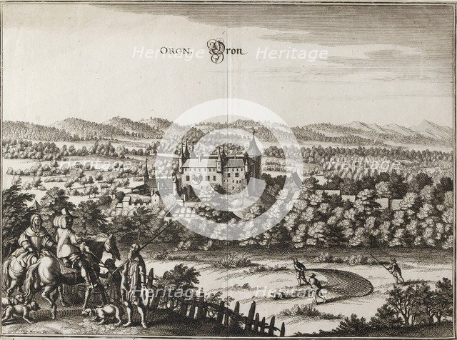 View of the castle of Oron, Switzerland with a hare hunter in the foreground, 1653. Artist: Caspar Merian.