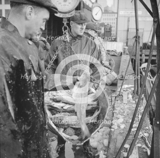 Possibly: New England fishermen unloading fish at the Fulton fish market, New York, 1943. Creator: Gordon Parks.