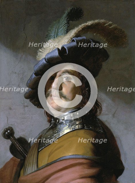 Bust of a man in a gorget and a feathered beret, 1627. Artist: Rembrandt van Rhijn (1606-1669)