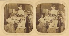 Group of woman following a man, one seated on a litter pouring liquid into a glass, 1855-1860. Creator: Unknown.