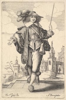 A gentleman walking forward, with his right arm outstretched and a whip in his left hand..., 1629. Creator: Abraham Bosse.