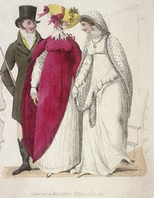 Two women wearing walking dresses accompanied by a man, c1810. Artist: W Read
