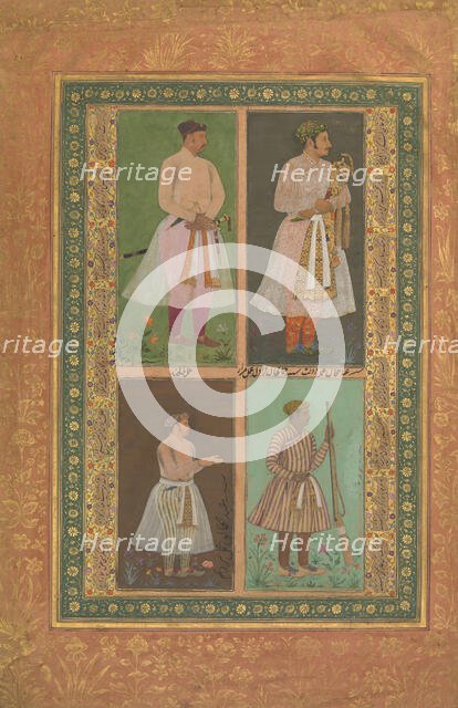 Four Portraits: (upper left) A Raja (Perhaps Raja Sarang Rao), by Balchand..., ca. 1610-15. Creators: Balchand, Daulat, Murad.