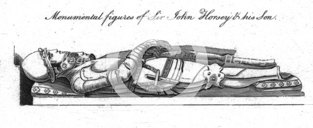 'Monumental figures of Sir John Horsey & his Son'. Creator: Unknown.