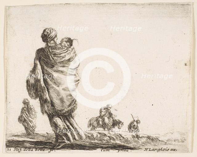 Plate 21: a poor woman to left, seen from behind, enveloping her child in a shawl..., ca. 1644-47. Creator: Stefano della Bella.