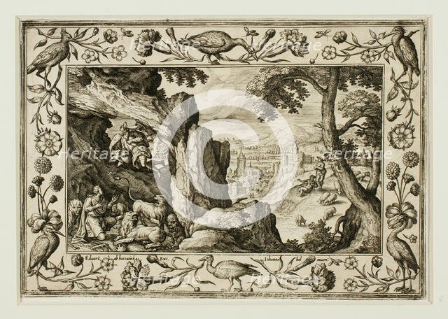 Daniel in the Lion's Den, from Landscapes with Old and New Testament Scenes and Hunting Scenes,1584. Creator: Adriaen Collaert.