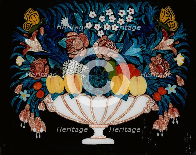 Still Life - Flowers and Fruit in White and Pink Bowl, 1840-60. Creator: Unknown.