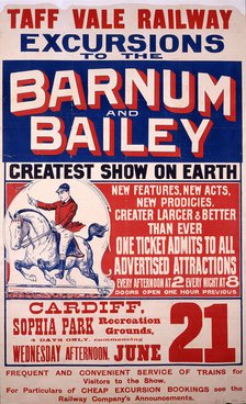 Taff Vale Railway poster advertising the visit of Barnum and Bailey's circus to Cardiff, 1899. Creators: Central Office of Information, Unknown.