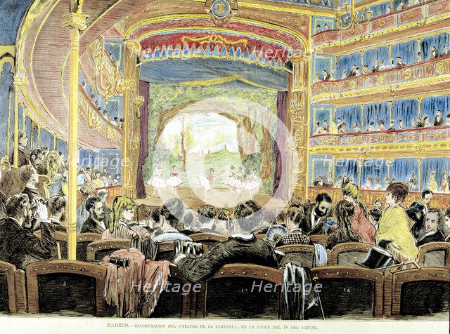 Inauguration of the Comedy Theatre in 1875, colored engraving 'La Ilustración Española y Americana'.