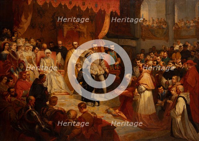 The abdication of Emperor Charles V in favor of his son Philip II At Brussels, 25 October 1555, 1842 Creator: Louis Gallait.