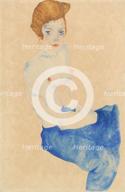 Sitting young woman, half nude with blue skirt, 1911.