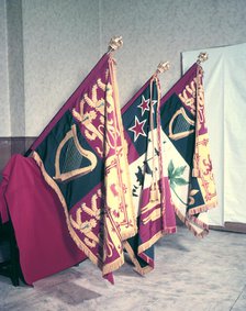 Royal, New Zealand and Canadian standards carried at the coronation of Queen Elizabeth II, 1953. Creator: Arthur Charles Kirby Ware.