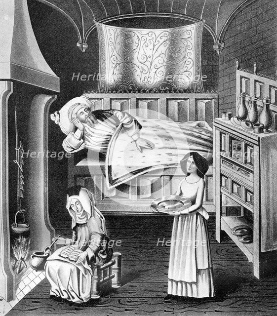 Matron and servant in the sick-chamber, c1470, (1910). Artist: Unknown