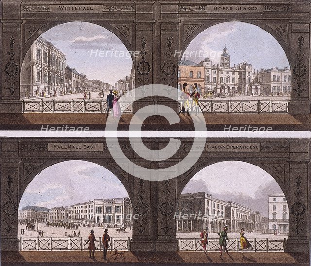 Four views of London sites seen through an arch, c1820. Artist: Anon