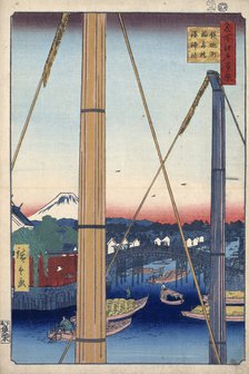 The Harbor Shrine and Inari Bridge at Teppozu, (One Hundred Famous Views of Edo), 1856-1858. Creator: Hiroshige, Utagawa (1797-1858).