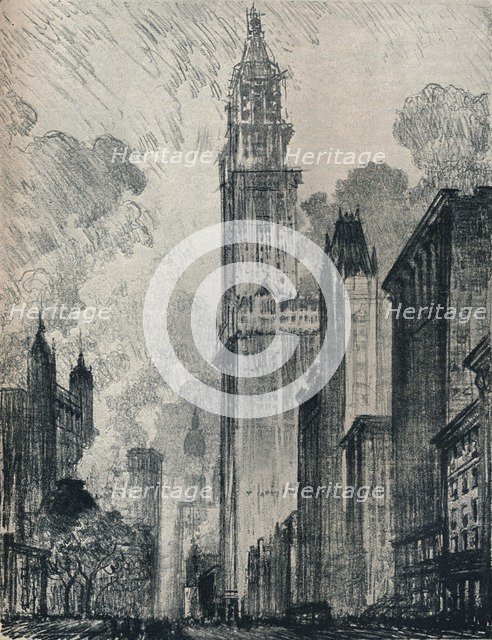 'The Broadway and the Woolworth Building, New York', 1912. Artist: Joseph Pennell.