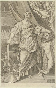 Judith standing and looking up, holding the head of Holofernes in her left hand and a..., 1650-1750. Creator: Anon.