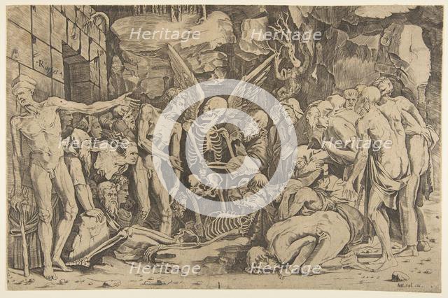 The Skeletons, a group of emaciated men and women gathered around a skeleton laid on th..., 1515-27. Creator: Marco Dente.