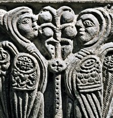 Capital with anthropomorphic birds face to face, in the cloister of the Monastery of Santa Maria …