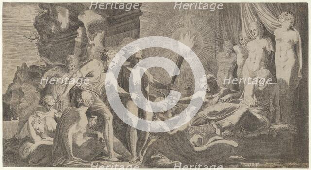 Hercules surprising Fanus who mistook him for Omphale, 1540-56 Creator: Leon Davent.