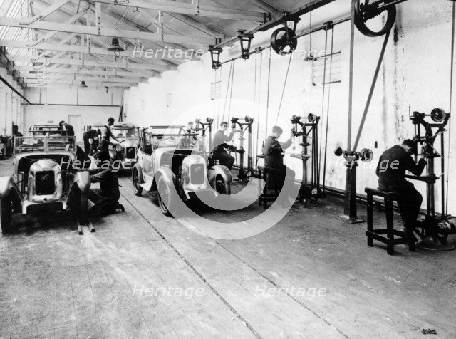 Austin Sevens being fitted with Swallow bodies. Foldshill[?] 1929. Artist: Unknown