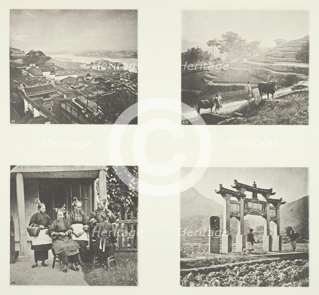 Part of Foochow Foreign Settlement; Terracing Hills; Foochow Field Women; A Memorial Arch, c. 1868. Creator: John Thomson.