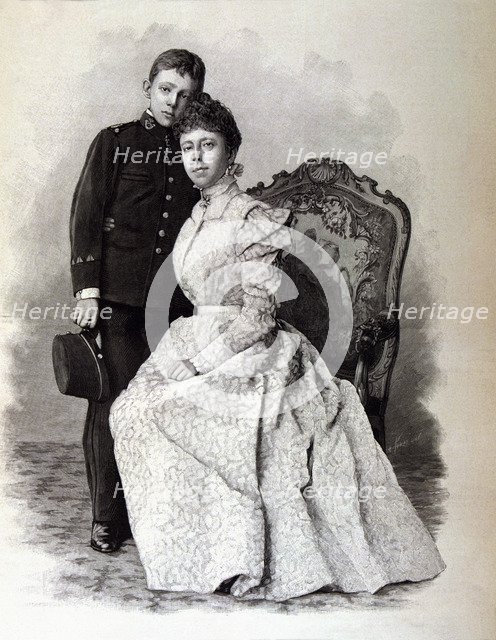 The King Alfonso XIII with his mother Regent Maria Cristina of Hapsburg in 1898, Madrid, engravin…