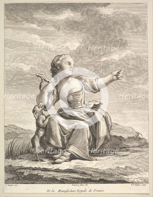 Little girl playing with a dog, from Deuxième Livre de Figures d'après les porcelain..., after 1757. Creator: Pierre Francois Tardieu.