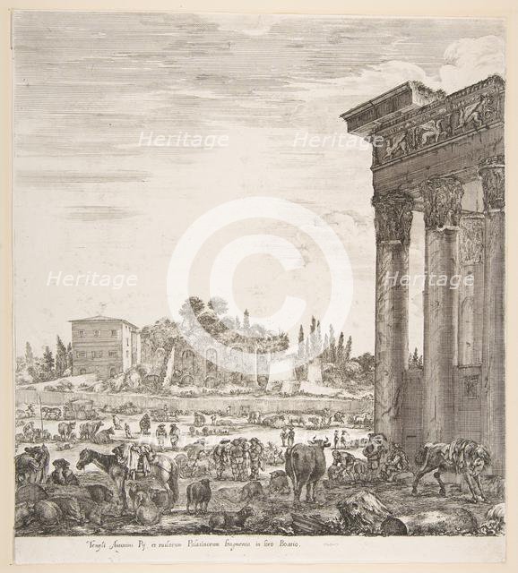 The columns of the Temple of Antoninus to right, a part of the Campo Vaccino in center and..., 1656. Creator: Stefano della Bella.