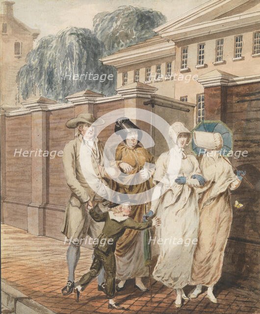 Sunday Morning in front of the Arch Street Meeting House, Philadelphia, 1811-ca. 1813. Creator: Attributed to John Carter.