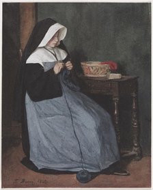 A Nun Seated at a Table Knitting, 1862. Creator: François Bonvin (French, 1817-1887).